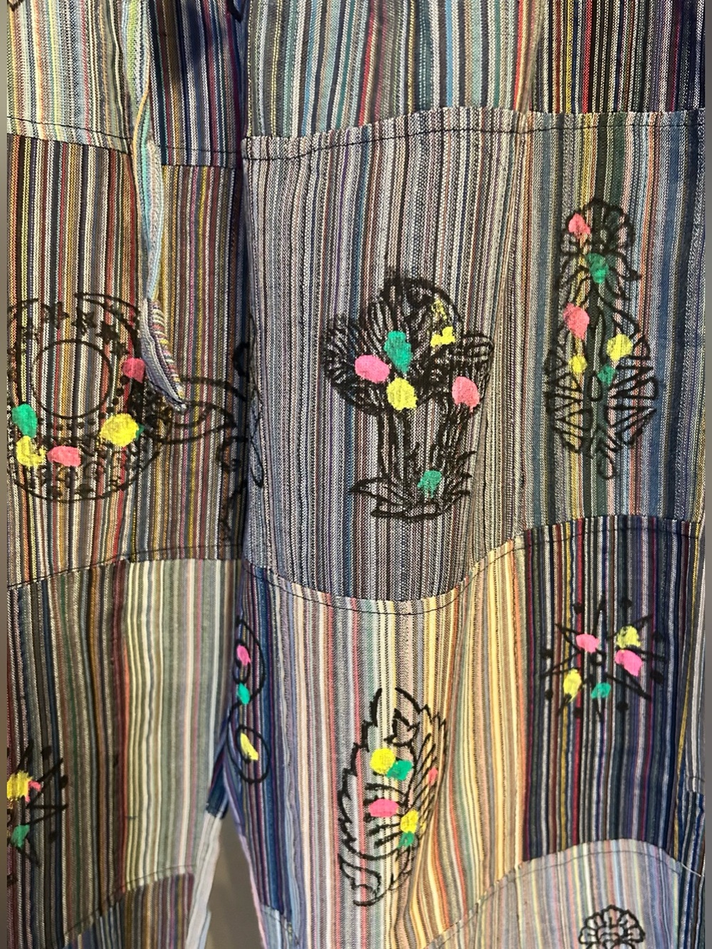 Boho Patchwork Wide-Leg Colorful Striped Harem Pants Cotton Folk Print Size L/XL - Picture 14 of 16